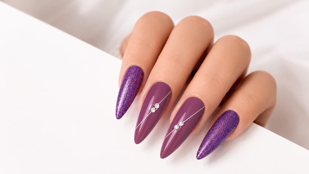 Unhas em estilo roxo glitter, mauve e detalhes dourados