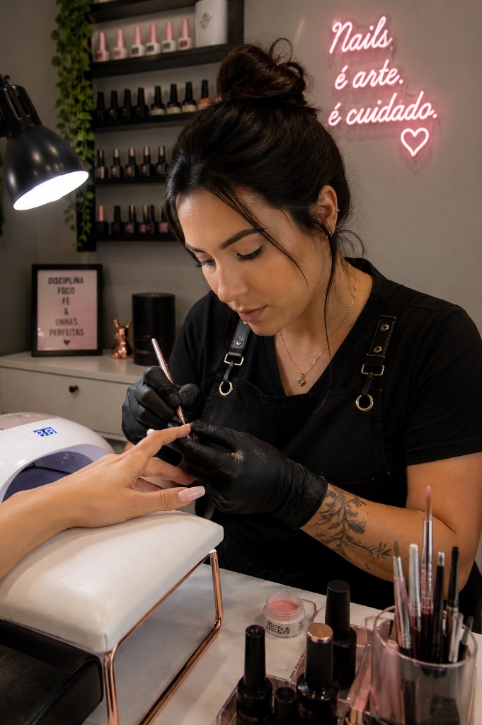 Nail designer aplicando detalhes nas unhas